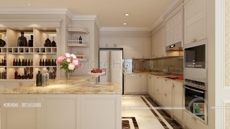 Đá nhân tạo cao cấp được lựa chọn để ốp mặt bàn bếp thêm sạch sẽ và ấn tượng hơn