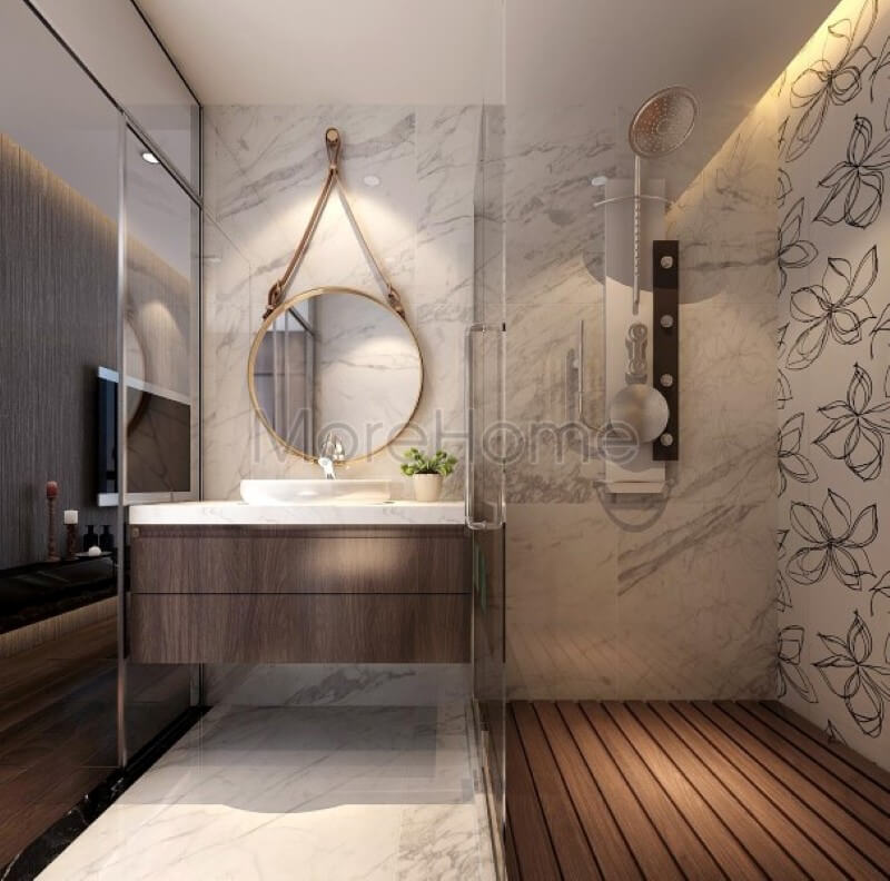Đá ốp tủ lavabo nhân tạo màu trắng không chỉ mang lại sự sang trọng còn giúp cho gia chủ dễ dàng lau chùi vệ sinh hơn Đá nhân tạo solid surface