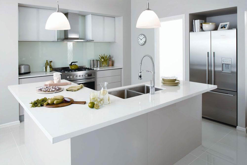 Thiết kế độc đáo kết hợp đá chậu rửa và bàn đảo đá Solid Surface Himacs LG nhập khẩu trực tiếp từ Hàn Quốc đá ốp bếp