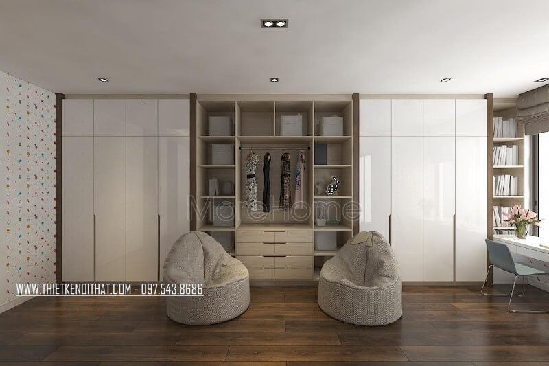 Mẫu tủ quần áo gỗ công nghiệp màu trắng được thiết kế theo phong cách âm tường và kết hợp với kệ trang trí hiện đại để trang trí nhà phố Gardenia.
