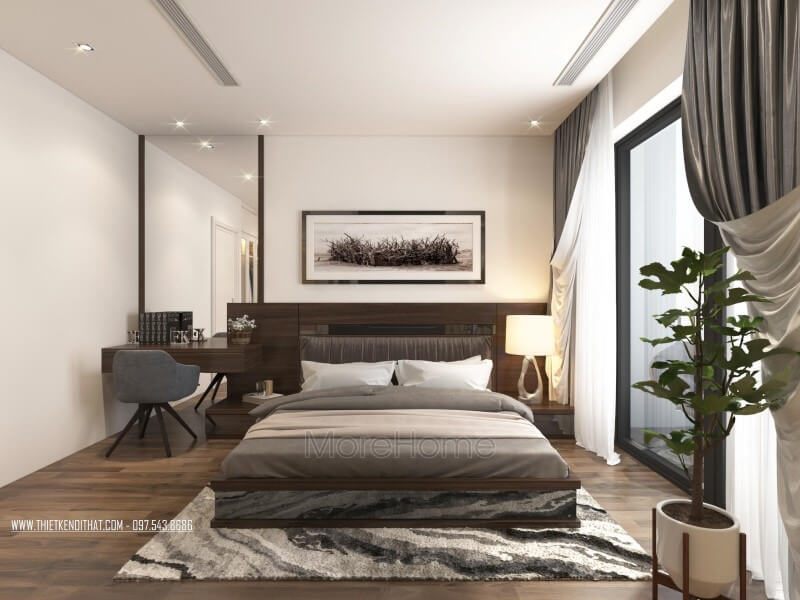 Mẫu giường ngủ gỗ bệt hiện đại với đầu giương có tap là sự lựa chọn tuyệt vời cho phòng ngủ của biệt thự.