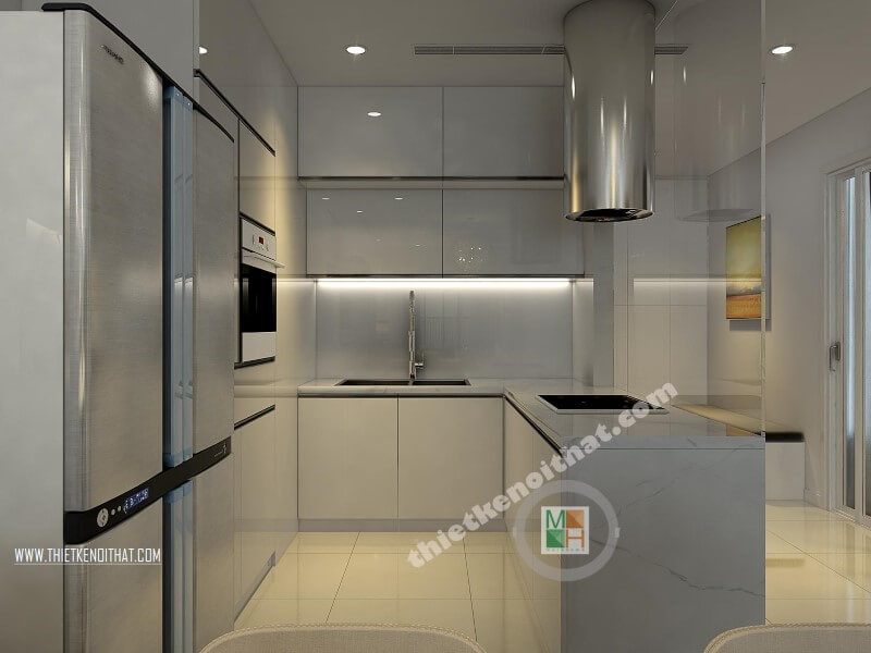 Mẫu thiết kế nội thất phòng bếp đẹp bằng hệ tủ bếp acrylic màu trắng kết hợp với bàn đảo ốp đá nhân tạo cao cấp sẽ tạo nên không gian sang trọng và đẳng cấp.