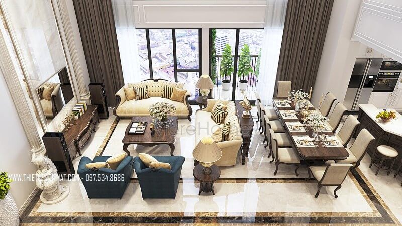 Sofa phòng khách có thiết kế cổ điển đẹp cao cấp, bọc bằng nỉ gỗ óc chó tân.