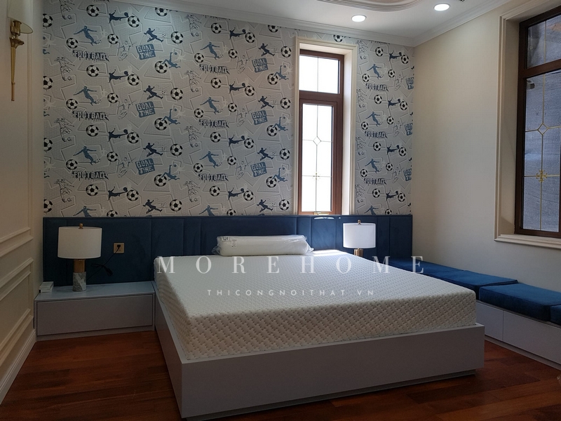 Thi công giường ngủ gỗ công nghiệp bọc nỉ đầu giường hiện đại đơn giản không cầu kì nhưng giá trị sử dụng và thẩm mỹ mang tới sự nghỉ ngơi, giấc ngủ ngon.
